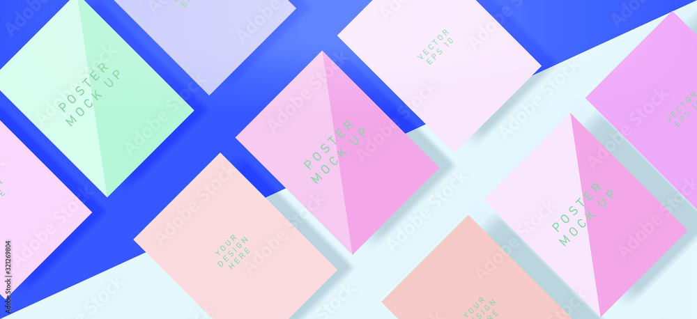 Poster Flat lay of blank posters in pastel color tones with drop shadows. Realistic mock up template for print production: covers, flyers, banners.