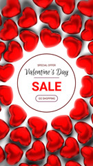 Valentines Day sale banner. Valentines day sale background with red hearts  on white. Vertical background for smartphone. 3D-rendering.