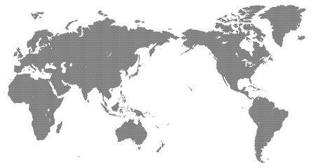 6角形ドットで構成された世界地図-白黒色