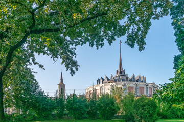 The Our Lady Queen of Iași Cathedral in Iasi, Romania. A landmark church in Iasi on a sunny summer day with blue sky. Iasi historic monument