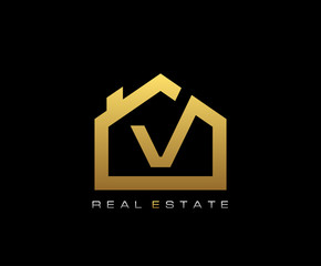 Golden V House Logo Design, Real Estate Icon.