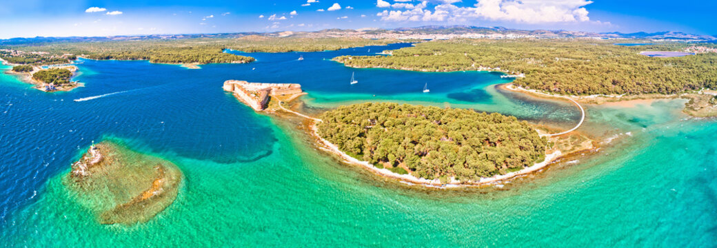 Saint Nikola fortress and Sibenik bay entrance aerial panoramic view