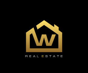 Golden W House Logo Design, Real Estate Icon.