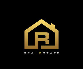 Golden R House Logo Design, Real Estate Icon.