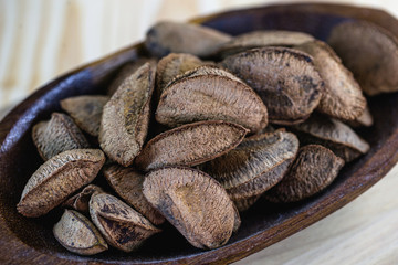 Brazil nut, with shell. Culinary ingredient from brazil.
