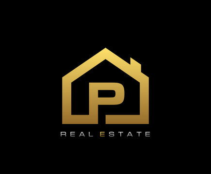 Golden P House Logo Design, Real Estate Icon.