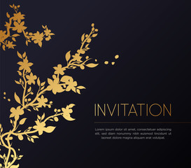 "Invitation"- luxury greeting card design. Vector illustration of decorative sakura brunch silhouette in golden gradient color on black background.