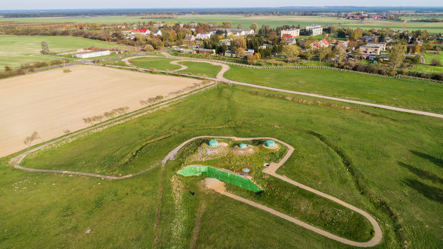 MRU World War II fortification bunker, Pniewo, near Miedzyrzecz, Poland. Entrance to the underground corridor system. German militarized zone from World War II. Aerial view.