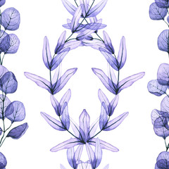 Seamless pattern with watercolor transparent branches. Hand drawn illustration isolated on white. X-ray leaves ornament is perfect for greeting card, wallpaper, fabric textile, wrapping design