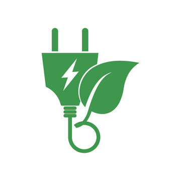 Electric plug with leaf icon. Concept of saving energy. Flat style illustration. Isolated on white background. 