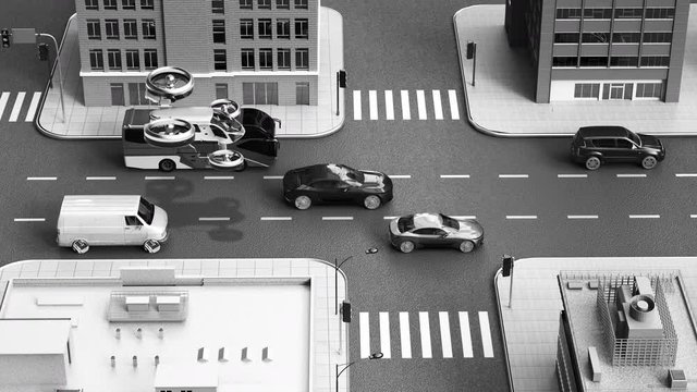 Drone taxi flying through the city center cross road, gray image, 4k animation.