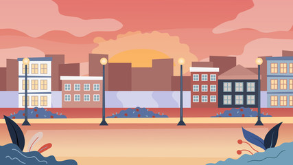 Cityscape Background With Buildings and Park In Sunset Or Sunrise. Cartoon Flat Style. Vector Illustration