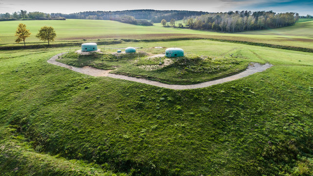 MRU World War II fortification bunker, Pniewo, near Miedzyrzecz, Poland. Entrance to the underground corridor system. German militarized zone from World War II. Aerial view.