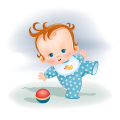 little child in a blue suit plays with the ball, tries to kick the ball, clumsy,