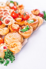 Close up of various pastry products on table.