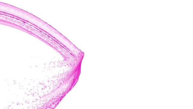 4k slow motion pink water flow with a splashes isolated on a white background with alpha matte
