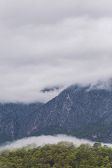 Vertical photo of tops of mountains and cloudy rainy sky over hills.