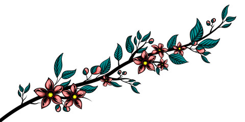 Sakura brunch. Hand drawn vector illustration of cherry branch with flowers in traditional ink style. Isolated on white background.