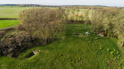 MRU World War II fortification bunker, Pniewo, near Miedzyrzecz, Poland. Entrance to the underground corridor system. German militarized zone from World War II. Aerial view.