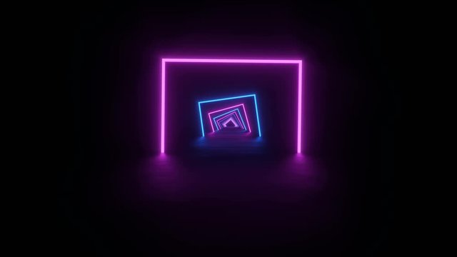 Tunnel formed by purple and blue rotating square neons on a black reflective floor, 4k looping background
