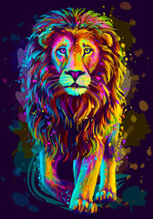 Löwe. Kunstvolles, neonfarbenes, abstraktes Porträt eines Löwen, der auf dunkelblauem Hintergrund mit Aquarellspritzern im Stil der Pop-Art vorwärts geht.