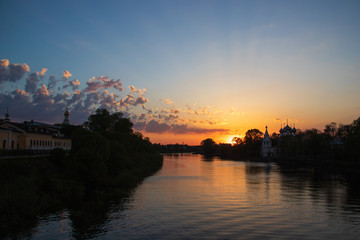 Naklejka premium Vologda. Warm spring evening. Vologda river. Sunset scene