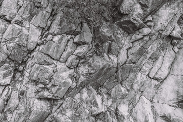 Closeup view of dark black and white photography of texture of real rock in cut.