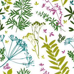 Seamless stylish leaves pattern. Seamless set silhouettes of botanical elements. Branches with leaves, herbs, wild plants, trees. Garden and forest collection of leaves and grass. Vector illustration