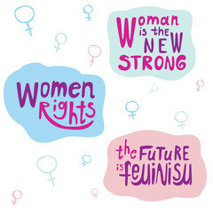 A lettering collection with the text woman is a new strong, following feminism as a concept of girls power, a vector stock illustration with syllables isolated on a white background for design