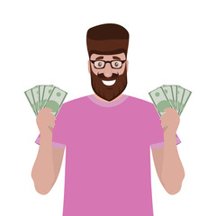 Man holds money in his hands and enjoys his salary. Cartoon vector illustration, flat design