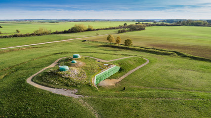 MRU World War II fortification bunker, Pniewo, near Miedzyrzecz, Poland. Entrance to the underground corridor system. German militarized zone from World War II. Aerial view.