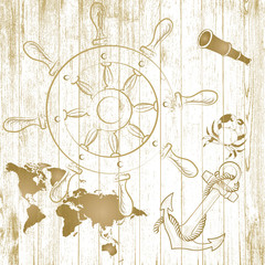Sailors Starter Kit Nautical Pattern inspired by adventures on the seas. Shades of gold color palette. World map, ancor, ship wheel, telescope and crab ...