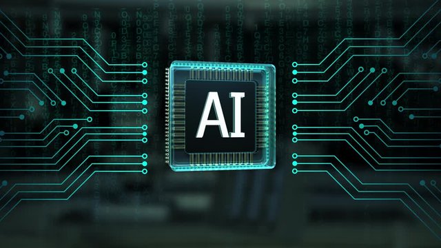 Semiconductor components combine to create an AI CPU, Curcuit board line connecting CPU, x-ray image, Artificial Intelligence, 4K animation.