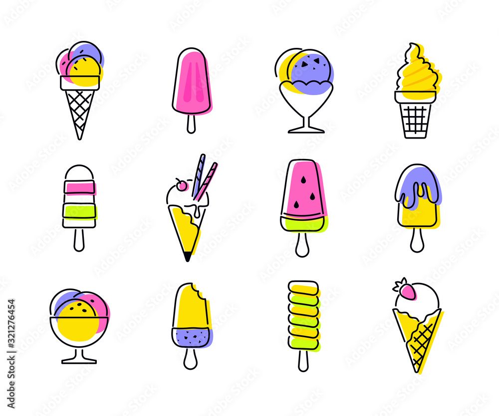 Poster types of ice cream - set of vector line design style icons