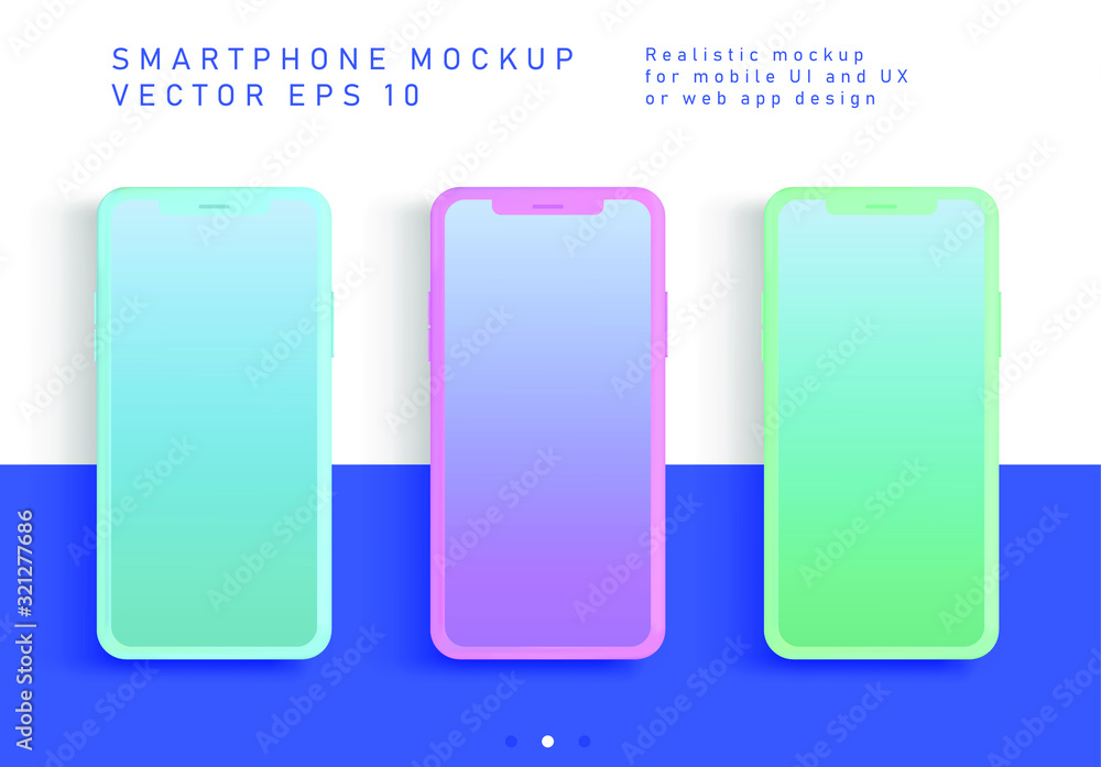 Poster Minimalist flat lay scene with mobile phone in pastel color tones. Realistic 3D vector illustration, mockup template for web app presentation. 