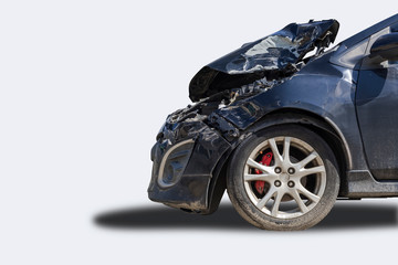 Front of black color car big damaged and broken by accident isolated on white background. Save with clipping path.