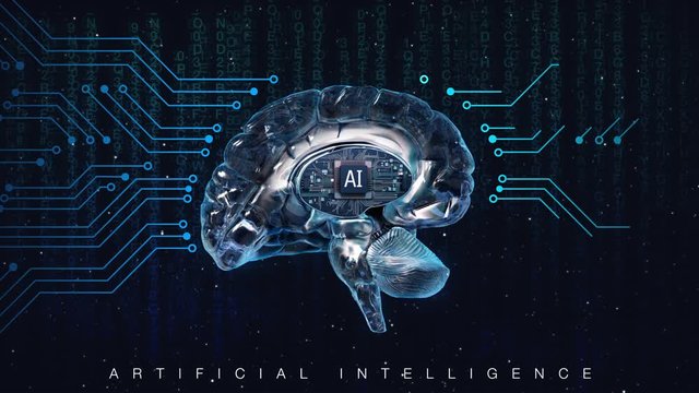 The brains are separated, AI CPU brain appears in the center. Curcuit board dataline connecting background, Artificial intelligence. 4k animation.