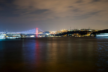 Fototapeta na wymiar Bosporus in the night at istanbul. Bosphorus bridge and Camlica big mosque