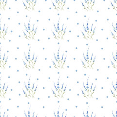 Seamless pattern of blue delicate watercolor flowers on a white background. Use for valentines day, weddings, invitations and birthdays
