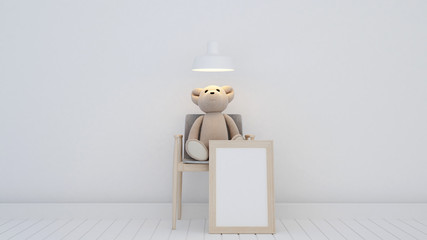 Teddy bear in living room on white tone design - 3d Illustration