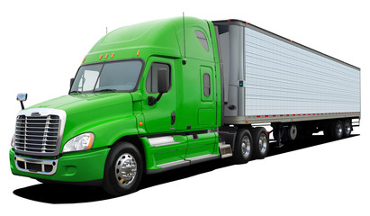 Modern American truck with green cab Isolated on a white background.