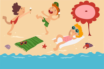 Vector of children's summer holidays at the sea on the beach