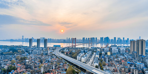 Dusk scenery of Parrot Island Yangtze River Bridge, Wuhan, Hubei, China