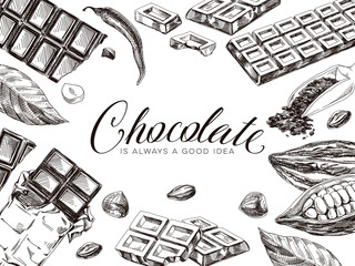 Border composition of chocolate and cocoa, hand drawn vector illustration.
