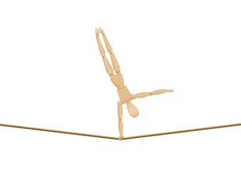 Tightrope walker making handstand with one hand. Balancing athletic wooden mannequin, lay figure, on a long rope. Isolated vector illustration on white background.