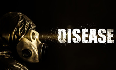 Man in mask with disease word near him. Epidemic virus. Dangerous flu strain cases. Pandemic...