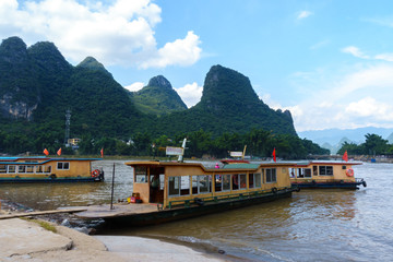 Ferry boats used to carry passengers across the Li River in Xingping, Guilin, China