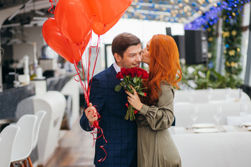 couple happy together, enjoy spending time in restaurant, gallant bearded man in tuxedo and...