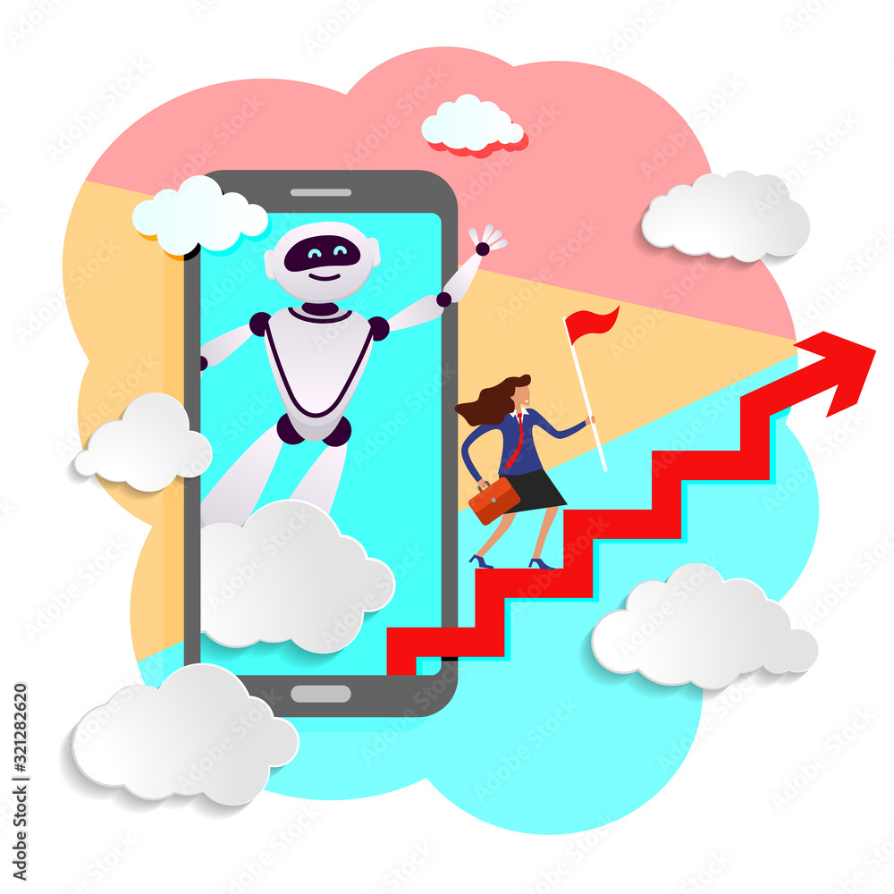 Poster robot assistant in business from screen of mobile device prompts head direction for movement to succ