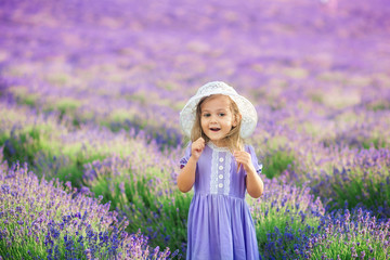 Beautiful long-haired girl in a dress in a field of blooming lavender